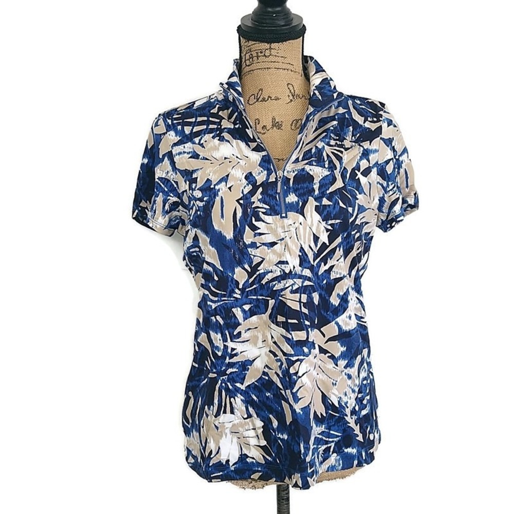 Weekends by Chico's Top Womens 1 US M Blue Tropical Palm Leaf Mock Neck 1/4 Zip
